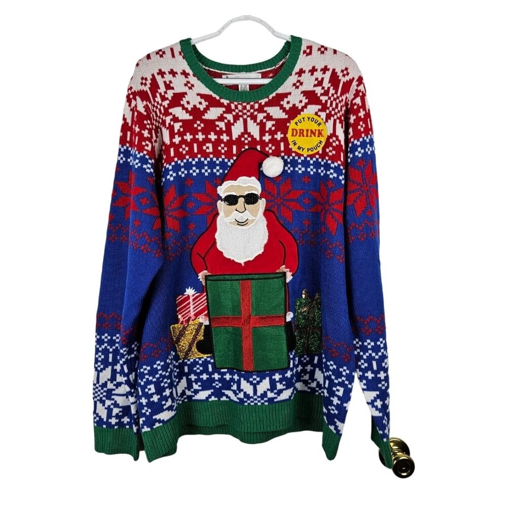 Jolly Sweaters Christmas Drink Holder Pouch Santa Top Mens XL Tacky Ugly Holiday